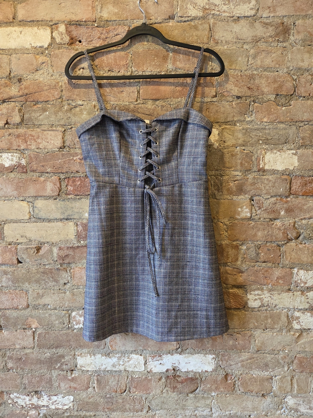 Cooperative Plaid Lace-Up Corset Mini Dress in Gray